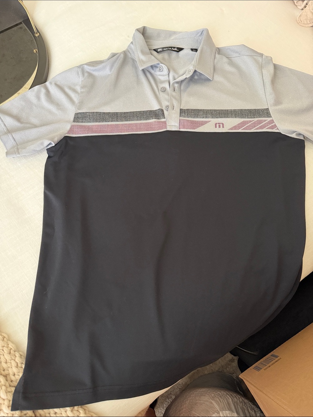 Travis Mathew Light Gray, Black & Maroon Stripe Performance Polo